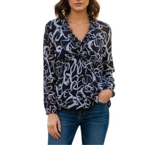 NEW NWT Worthington Navy White Ribbon Patterned V Neck Babydoll Top Blouse L